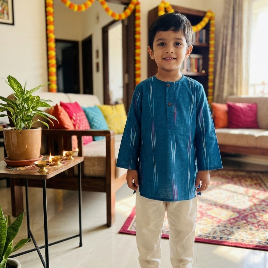 Peacock Blue Ikat Kurta Set