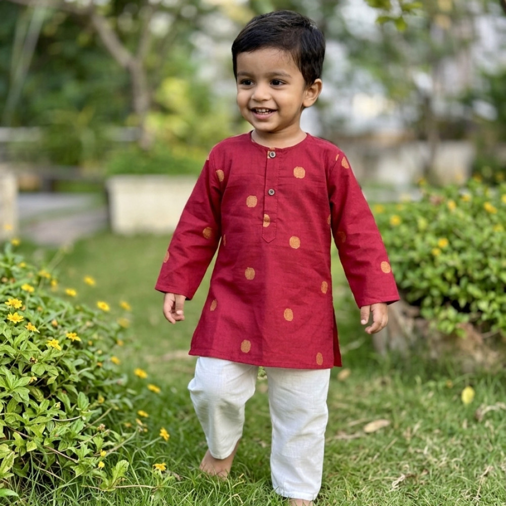Image of Maroon Polka Kurta Set for Boys
