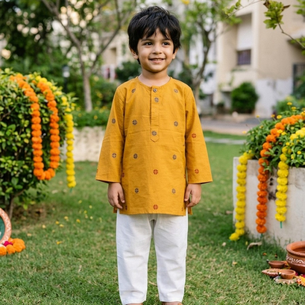 Image of Mustard Motif Kurta Set for Boys