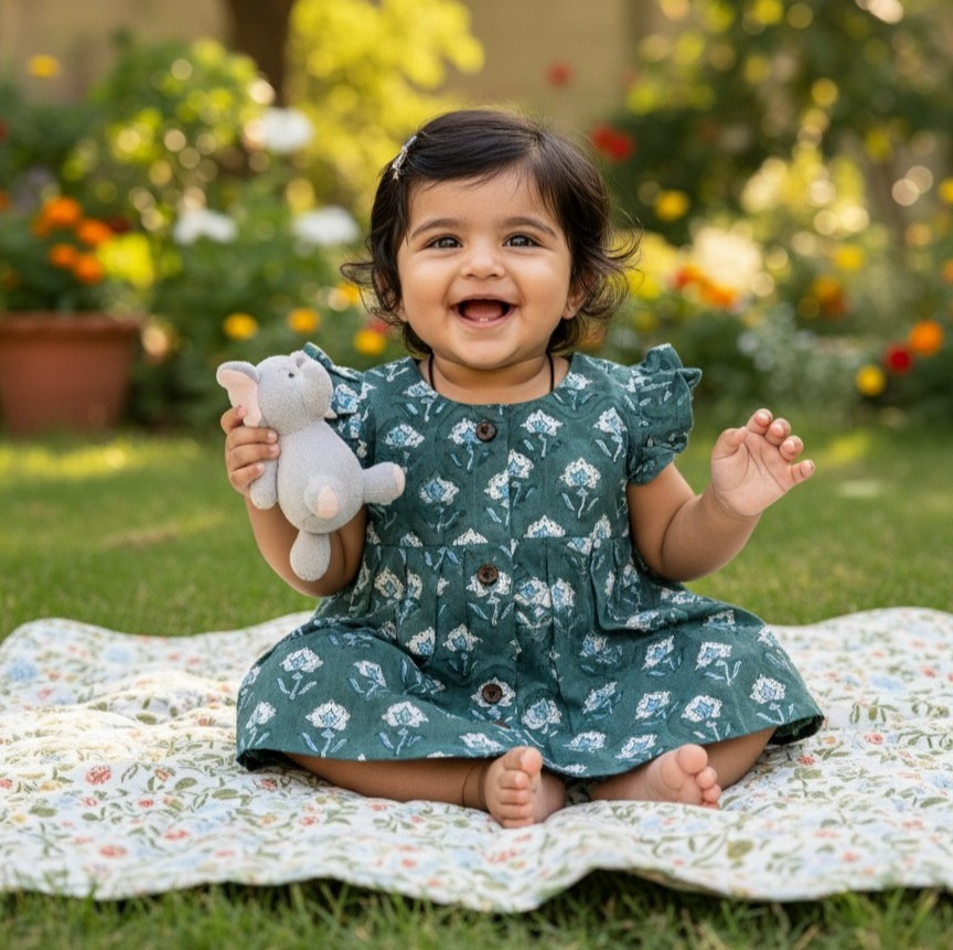 Green Meadow Print Baby Frock