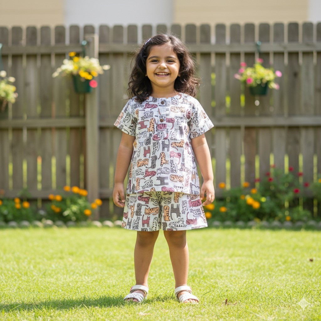 White and Brown Cat Print Summer Set