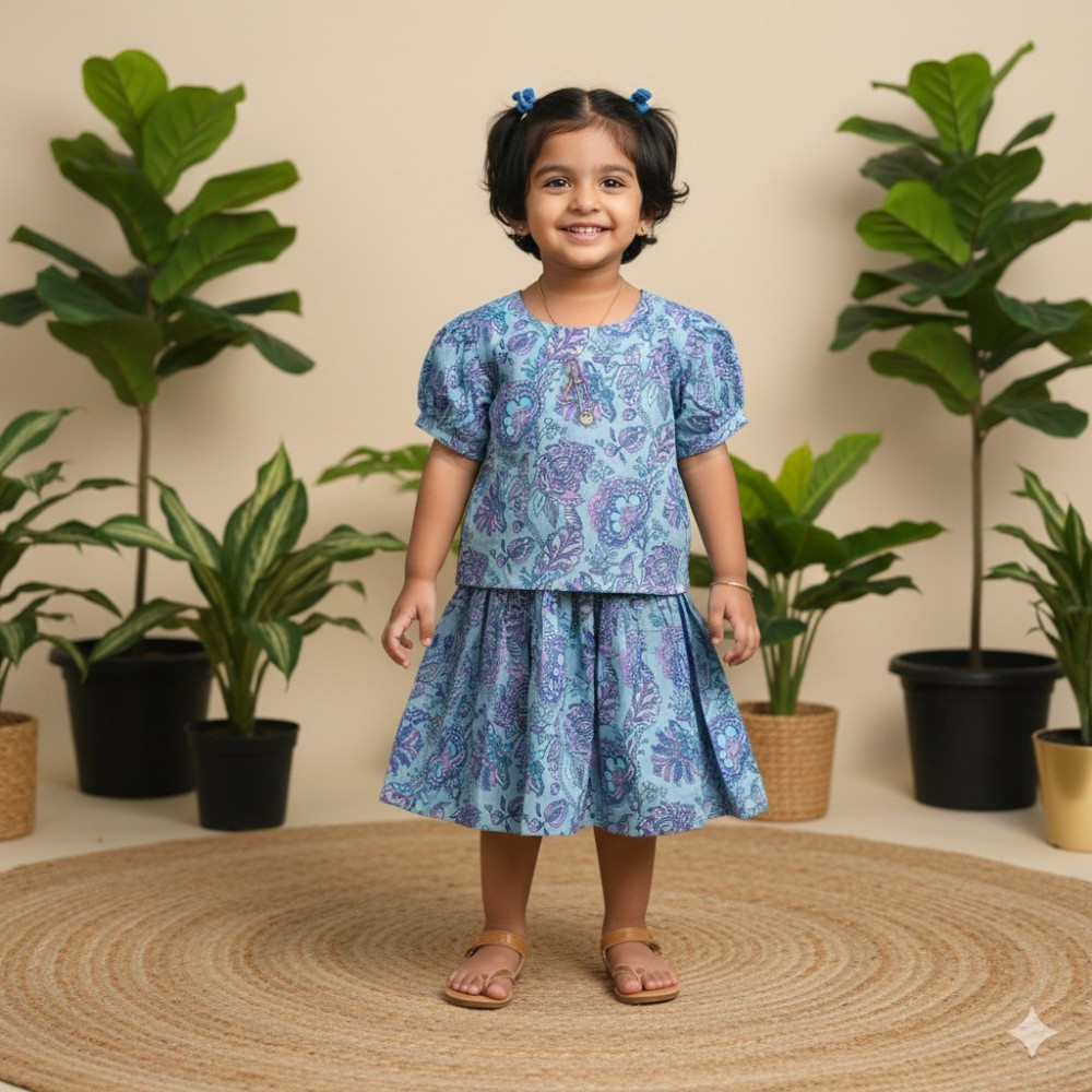 Image of Blue Purple Floral Print Co-ord Sets- Skirt and Top