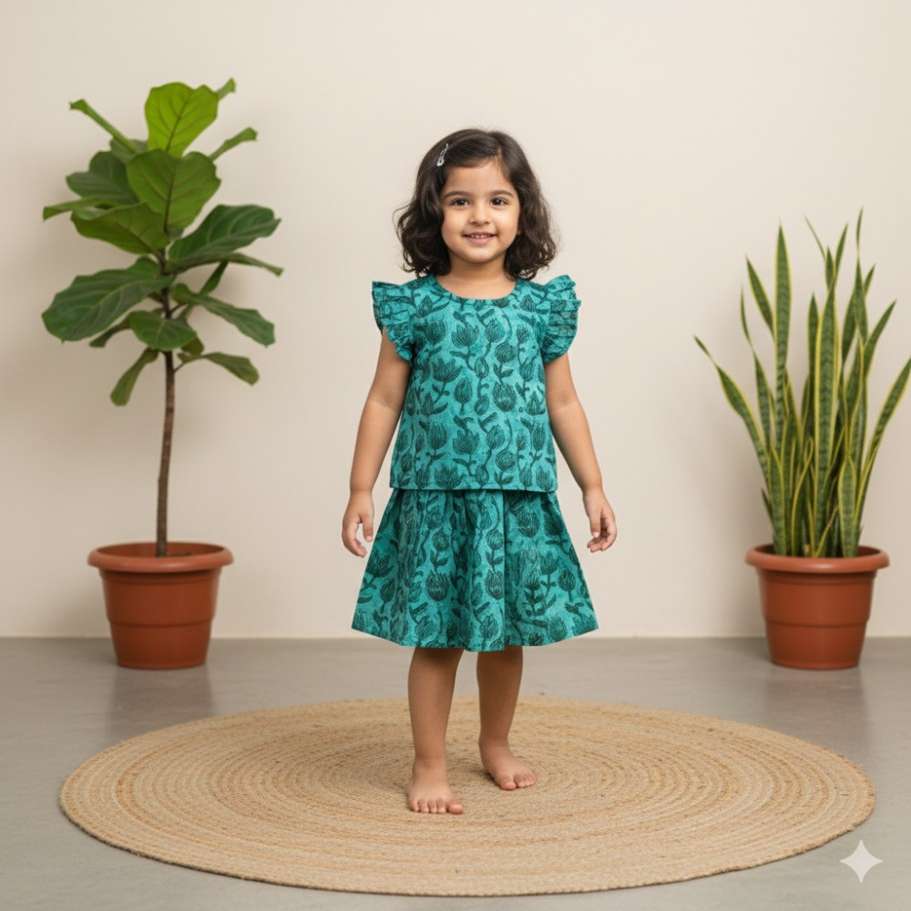 Image of Teal Green Floral Set Print Co-ord Sets- Skirt and Top