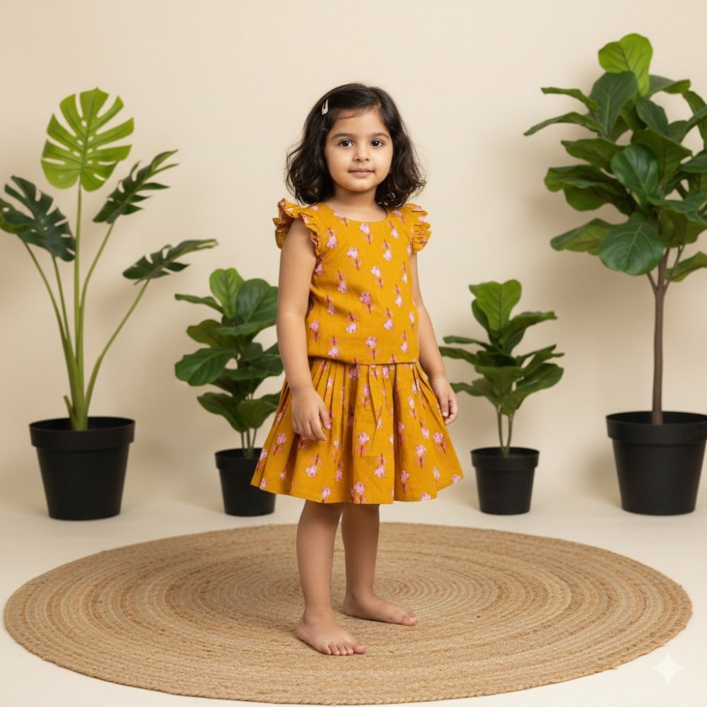 Image of Mustard Floral Print Co-ord Sets- Skirt and Top