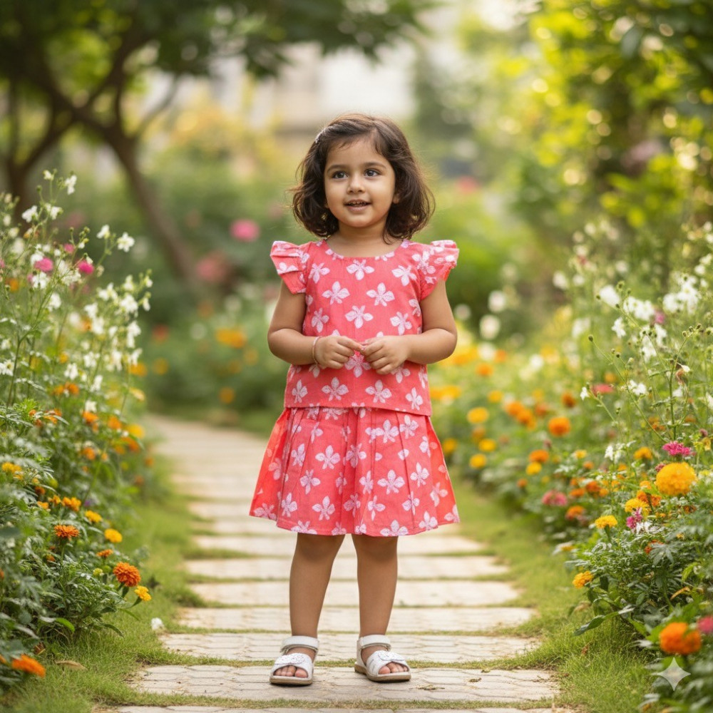 Image of Pink And White Floral Print Co-ord Sets- Skirt and Top