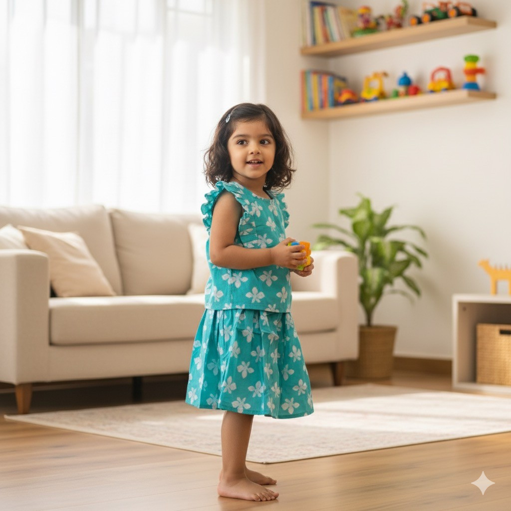 Bright Blue Blossom Print Co-ord Sets- Skirt and Top