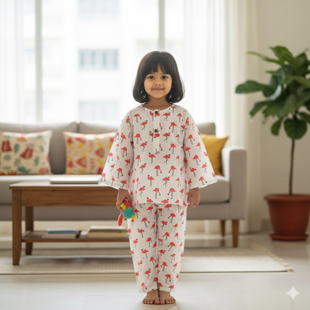 White and Red Flamingo Print Night Dress