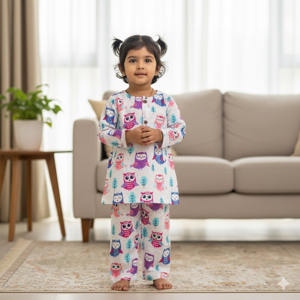 White Purple Pink Owl Print Night Dress