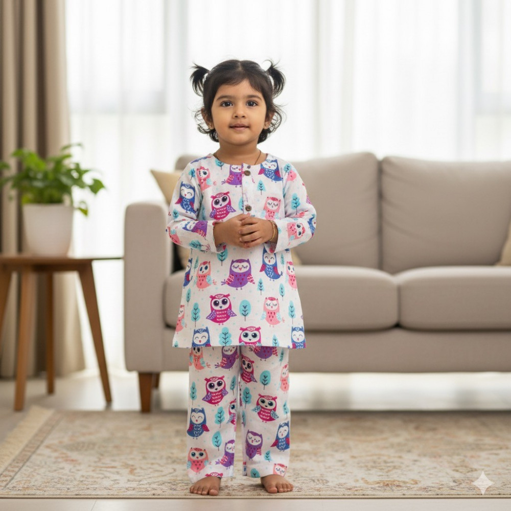 Image of White Purple Pink Owl Print Night Dress