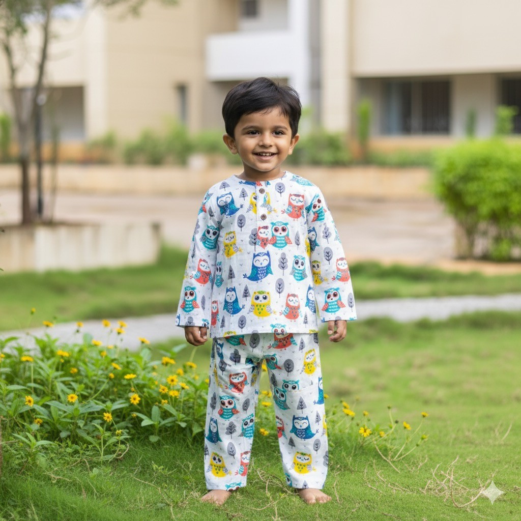 White Blue Owl Print Night Dress