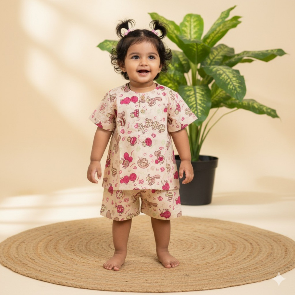 Image of Beige Pink Bug Print Summer Set