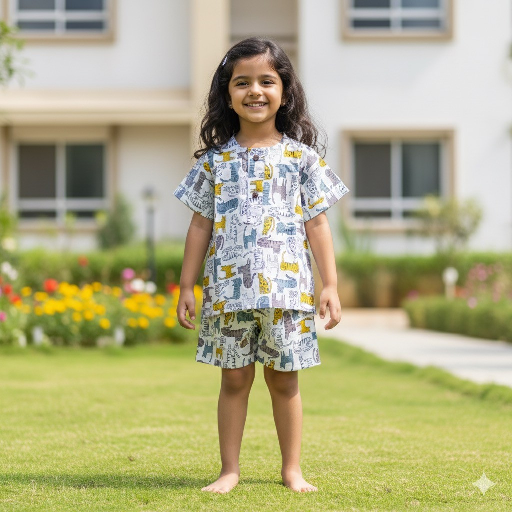 White Wild Cat Pyjama Print Summer Set