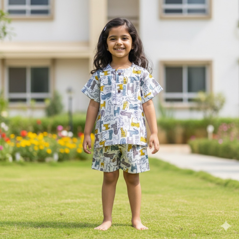 Image of White Wild Cat Pyjama Print Summer Set