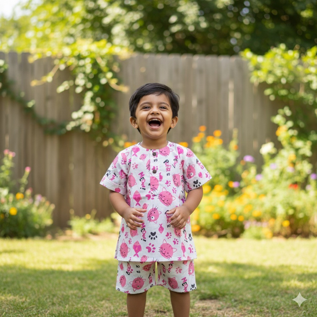 White and Pink Cat Print Summer Set