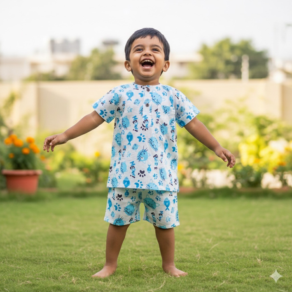 White and Blue Cat Print Summer Set