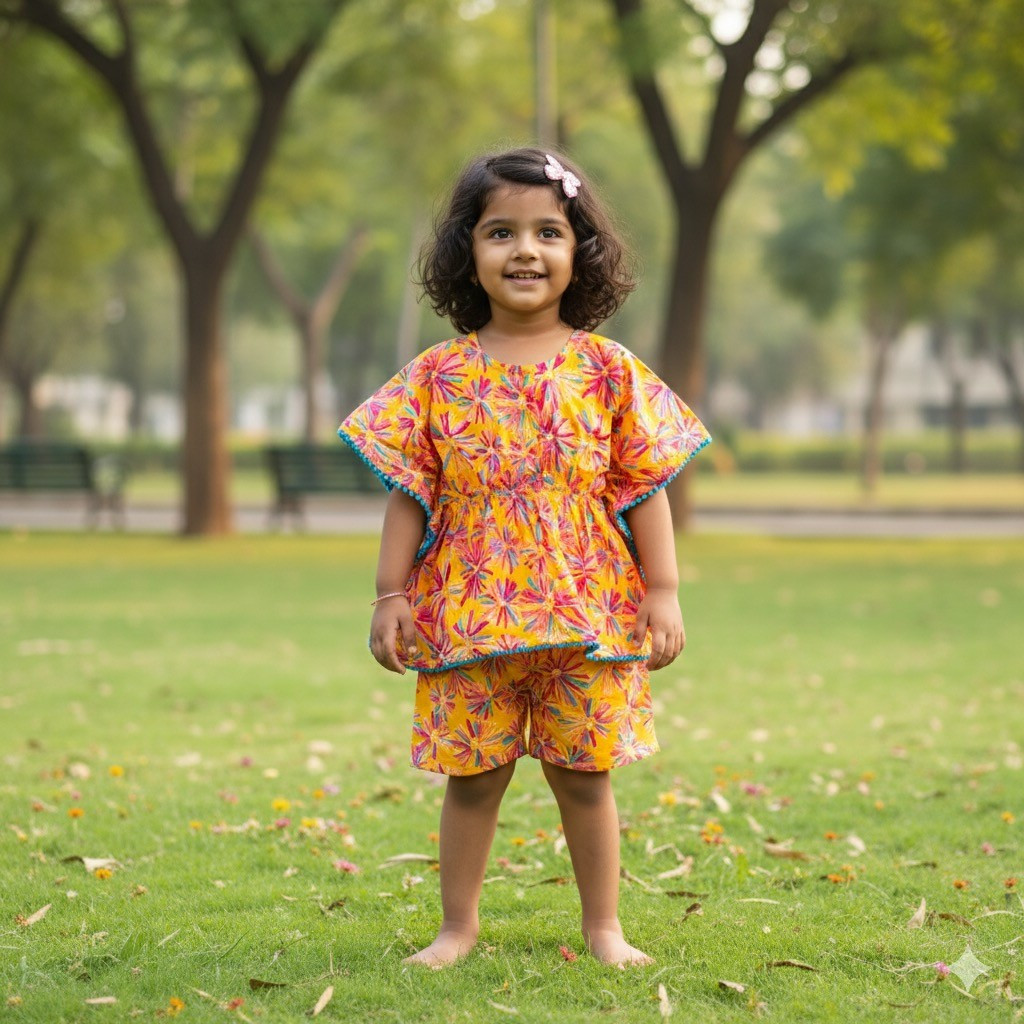 Yellow Starburst Print Kaftan Sets with Shorts