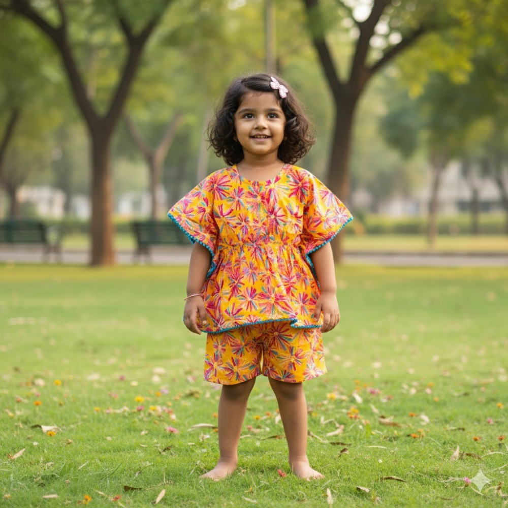 Image of Yellow Starburst Print Kaftan Sets with Shorts