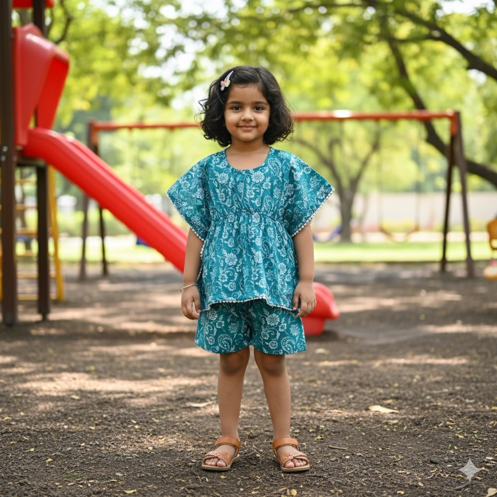 Teal White Floral Print Kaftan Sets with Shorts