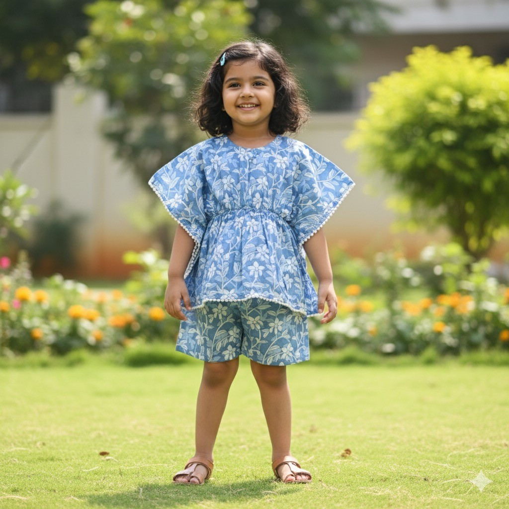 Blue White Floral print Kaftan Sets with Shorts