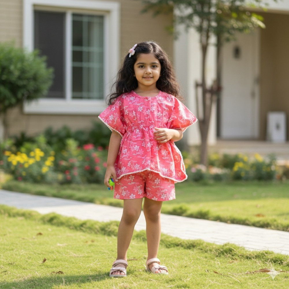 Image of Pink ANd White Floral Print Kaftan Sets with Shorts