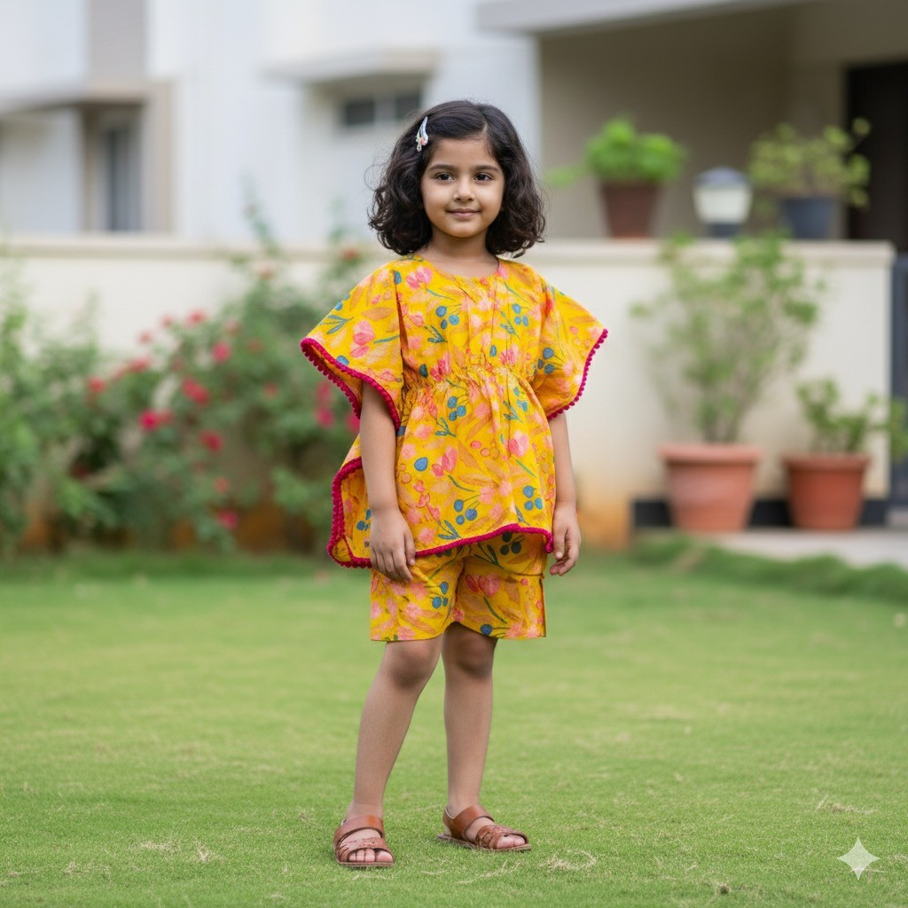 Yellow Multicolored Floral Print Kaftan Sets with Shorts