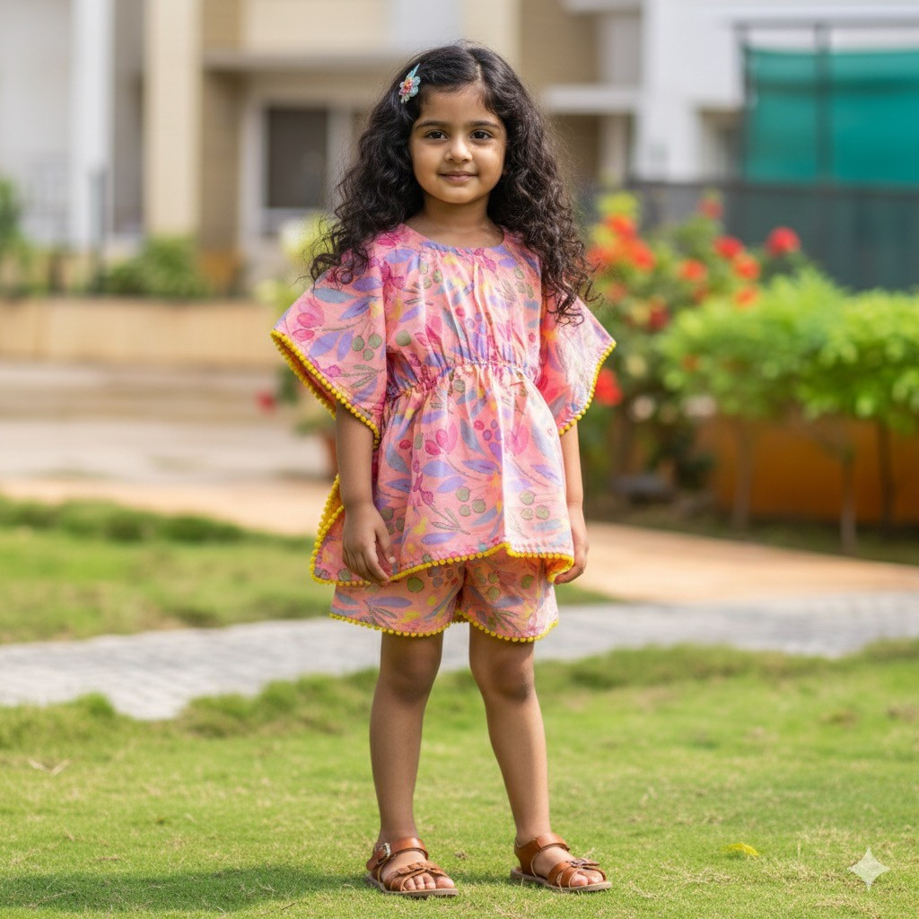 Pink Floral Print Kaftan Sets with Shorts