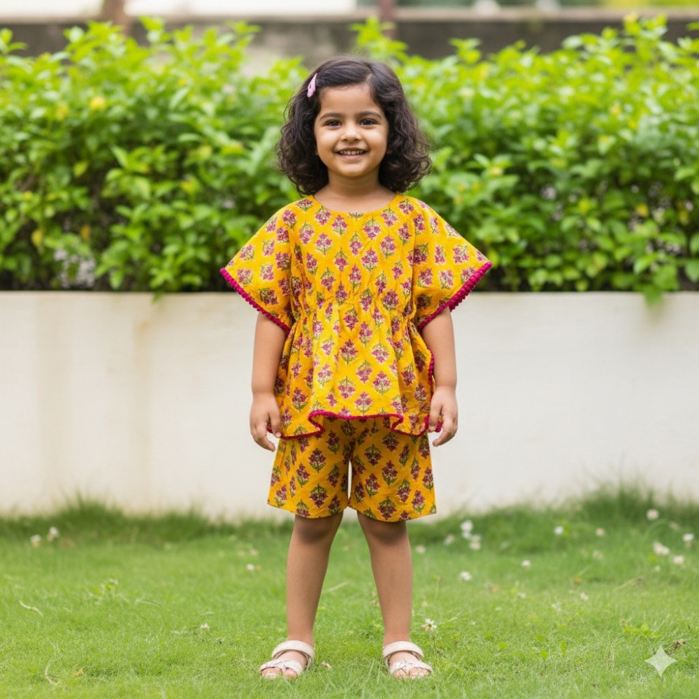 Image of Yellow Floral Print Kaftan Sets with Shorts