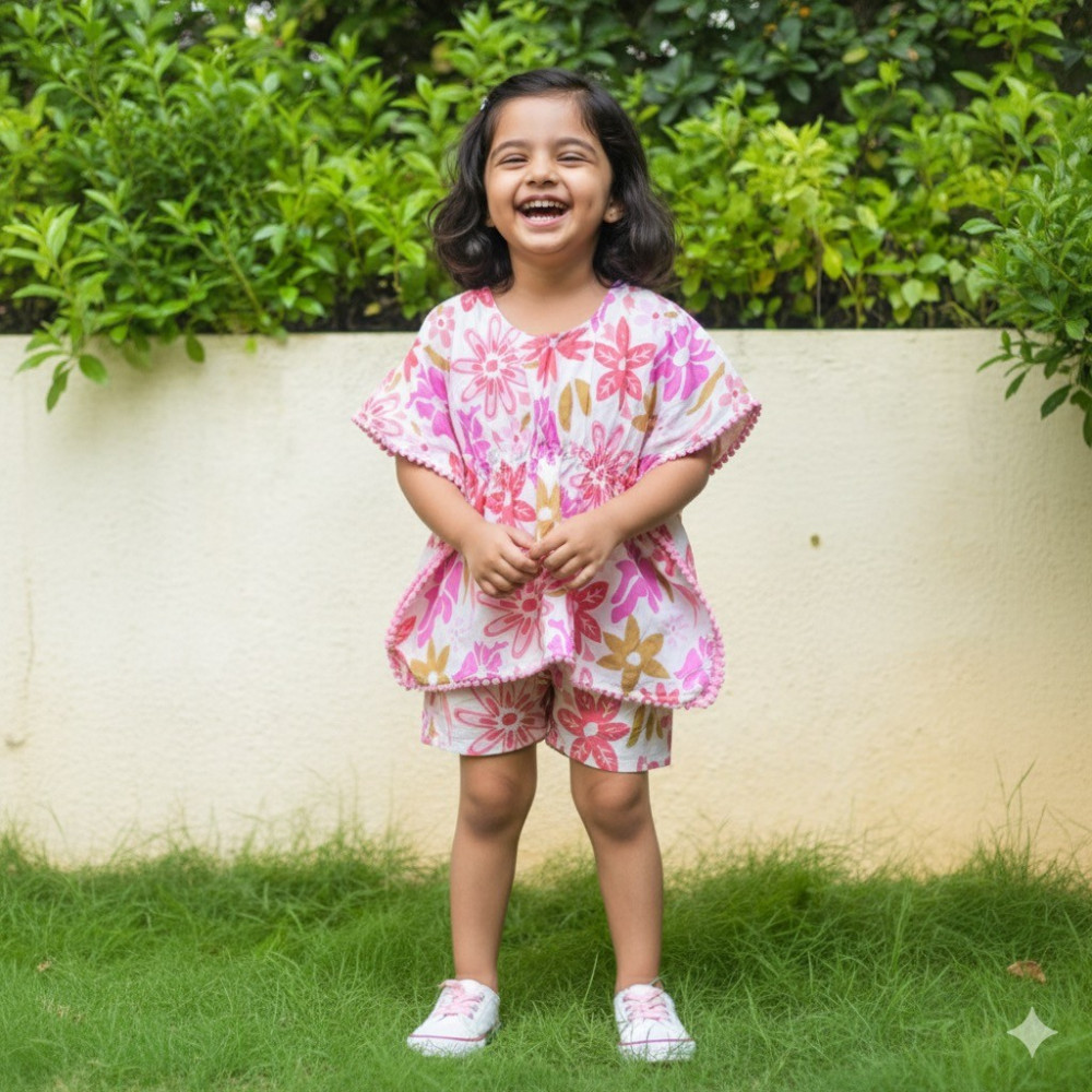 Image of White and Pink Floral Print Kaftan Sets with Shorts