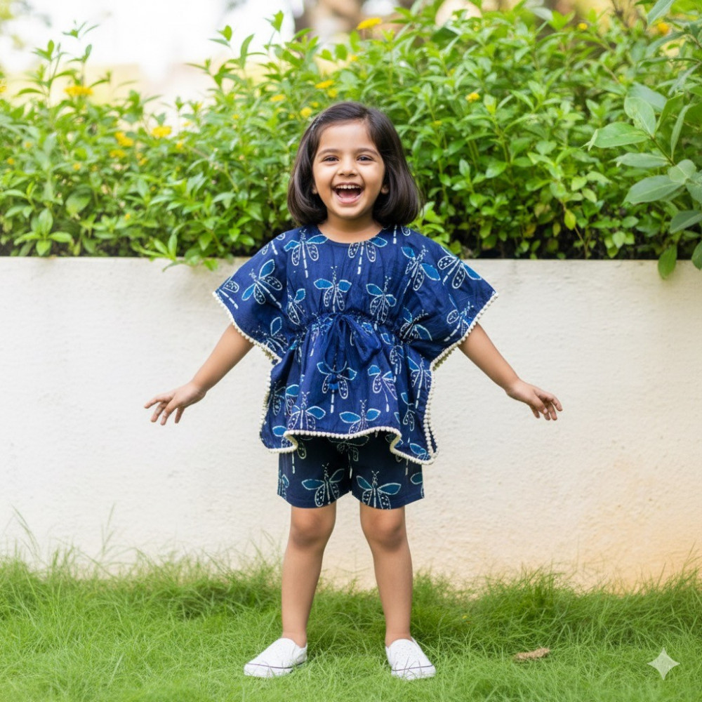Image of Indigo Butterfly Print Kaftan Sets with Shorts