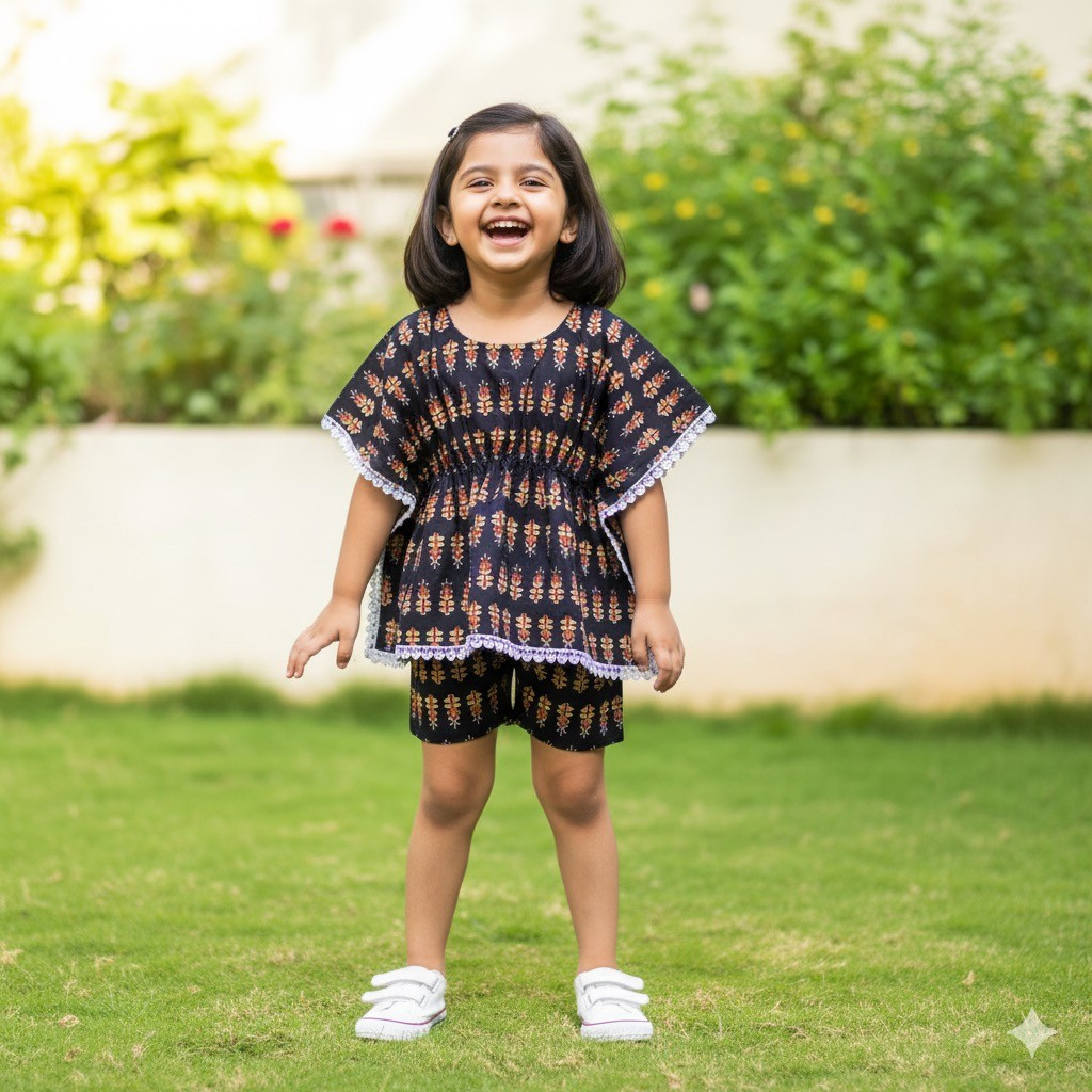 Black and Maroon Floral Print Kaftan Sets with Shorts
