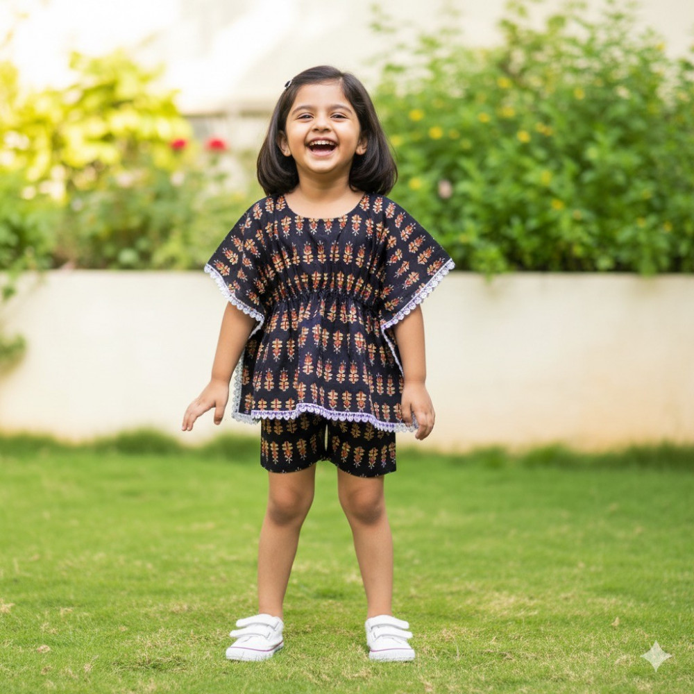 Image of Black and Maroon Floral Print Kaftan Sets with Shorts