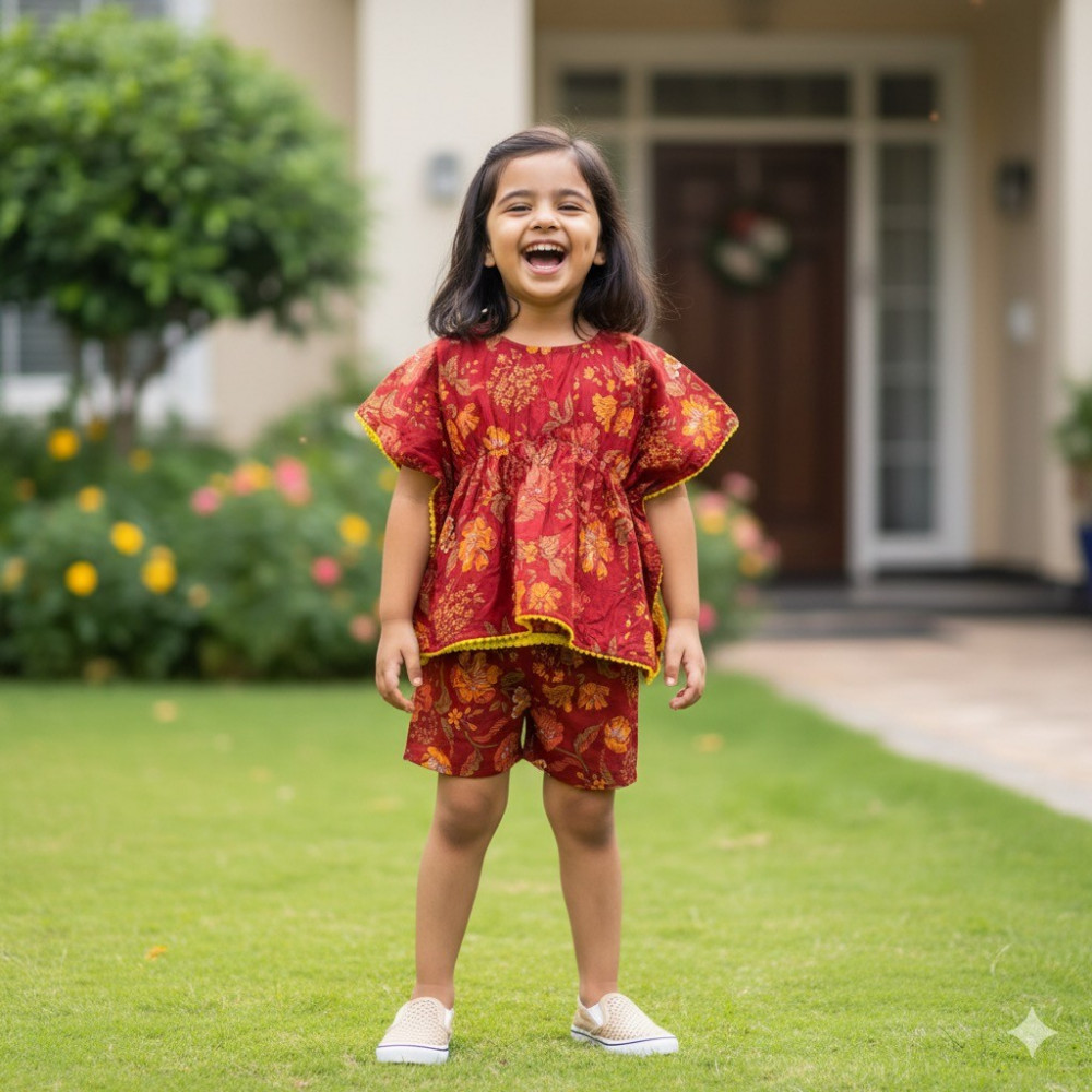 Image of Deep Red Floral Print Kaftan Sets with Shorts