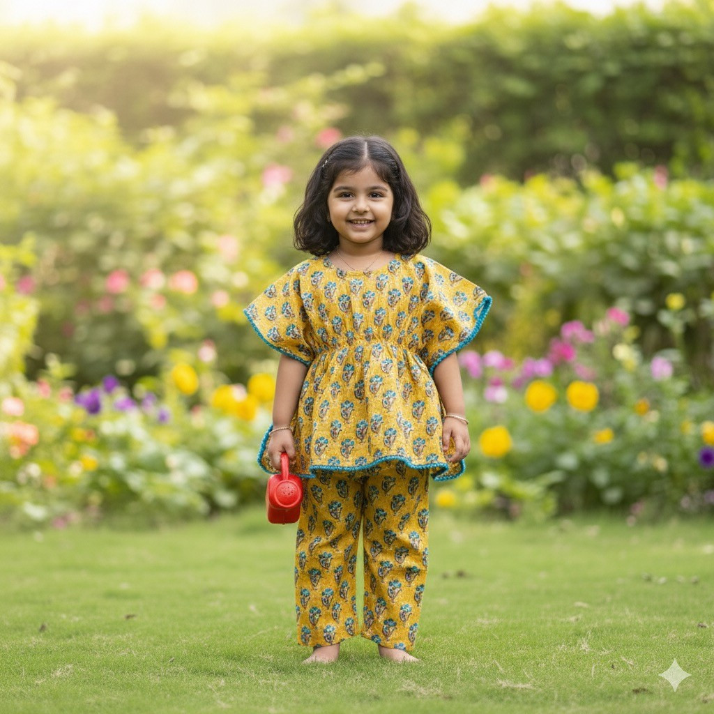 Mustadr Floral Kantha Print Kaftan Sets with Pants