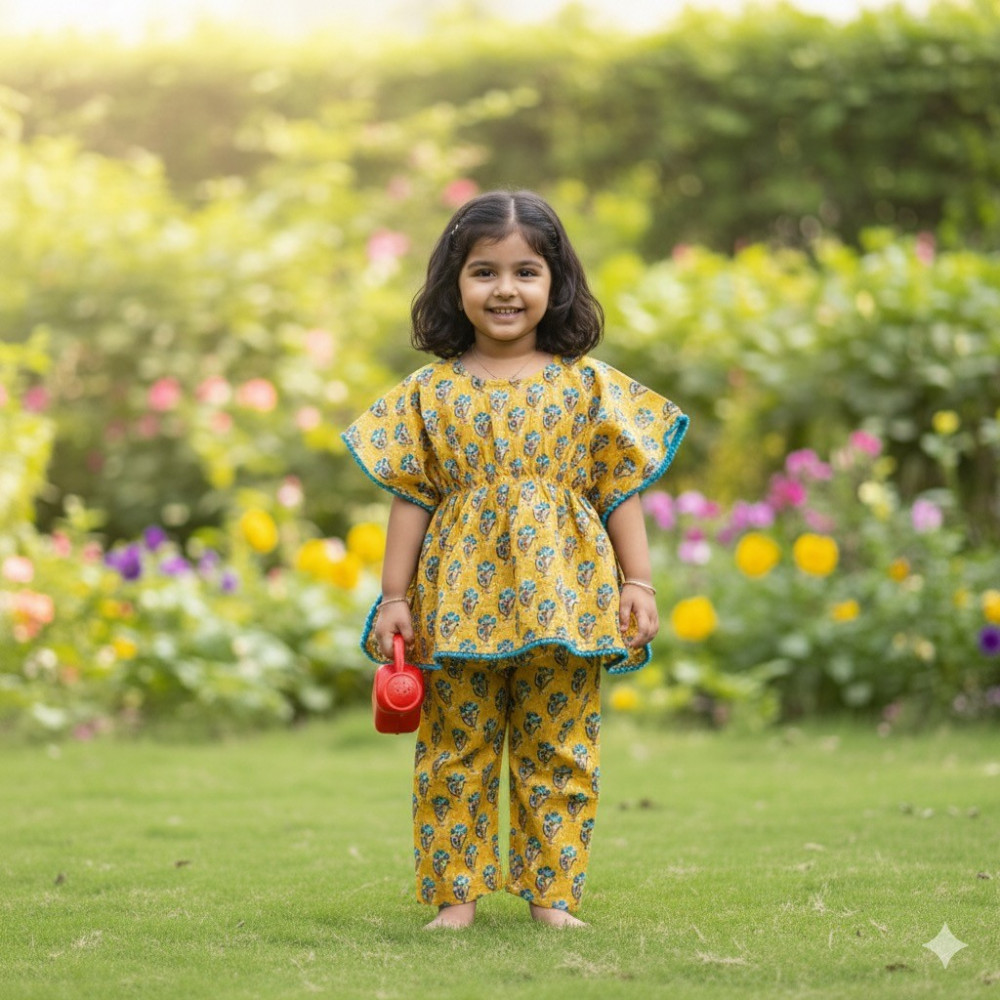 Image of Mustadr Floral Kantha Print Kaftan Sets with Pants
