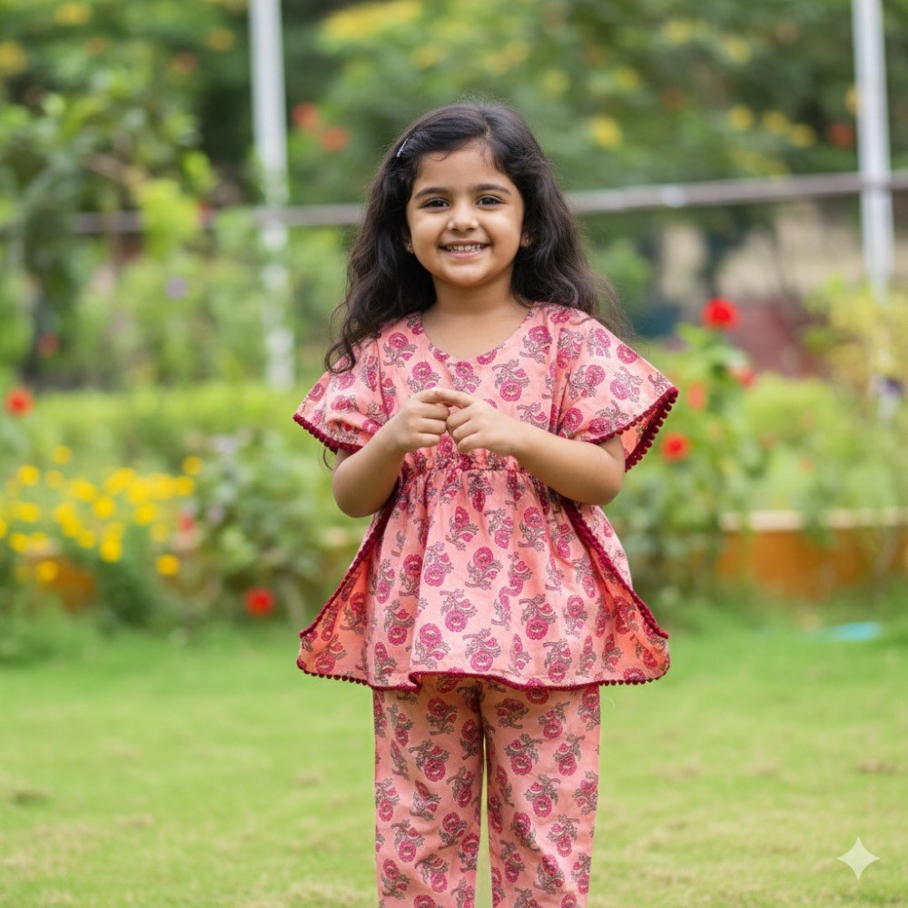 Image of Salmon Pink Flower Kaftan Sets with Pants