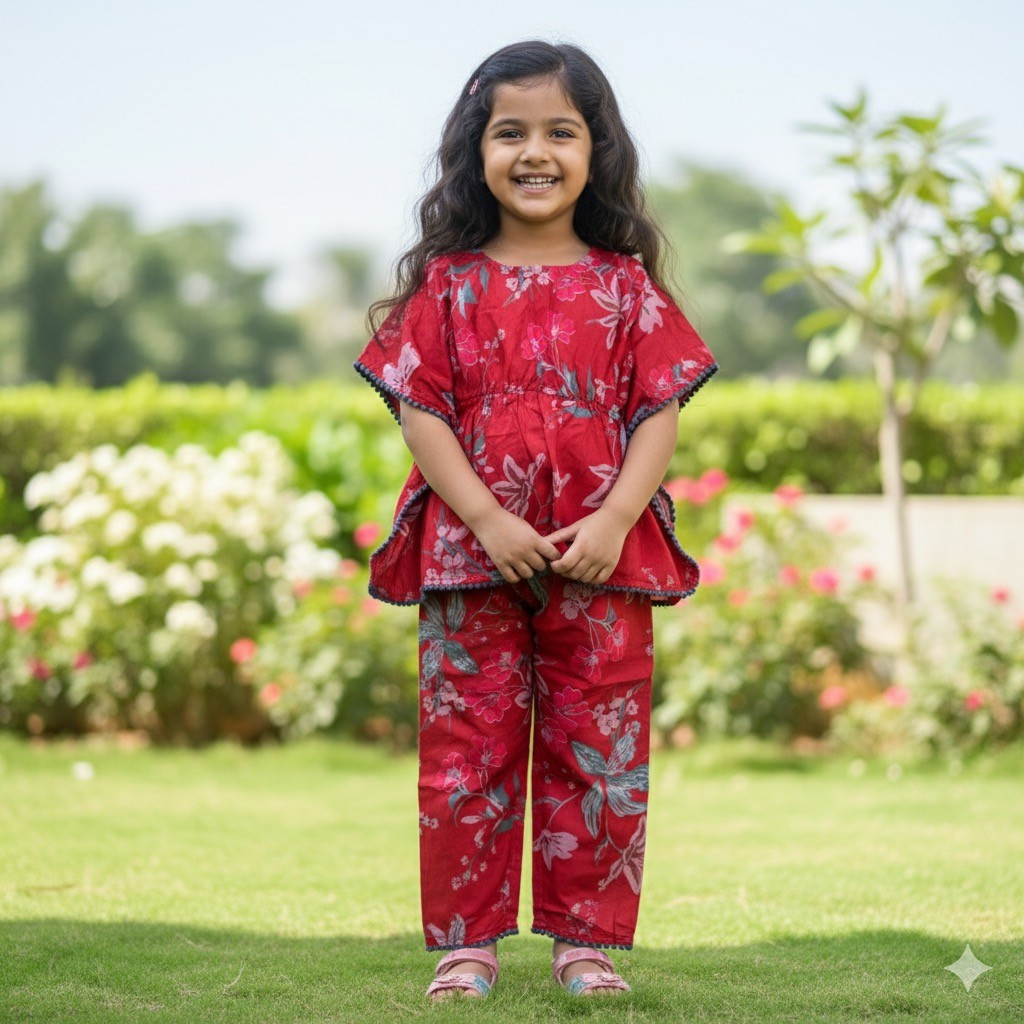 Red Grey Blossom Print Kaftan Sets with Pants