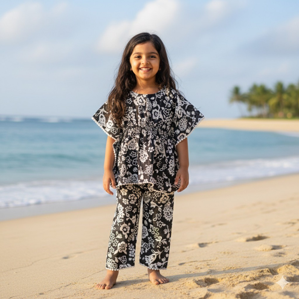 Image of Black White Floral Kaftan Sets with Pants