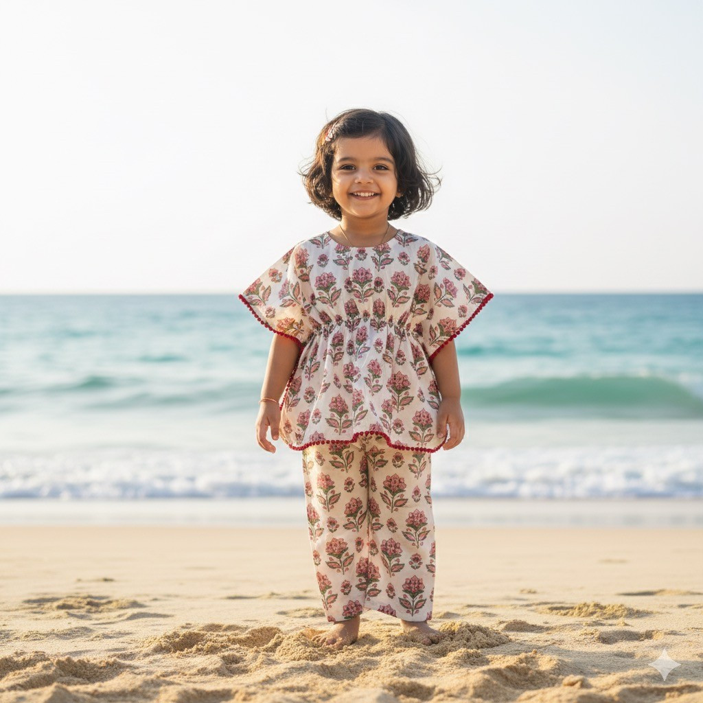 Cream and Maroon Floral Print Kaftan Sets with Pants
