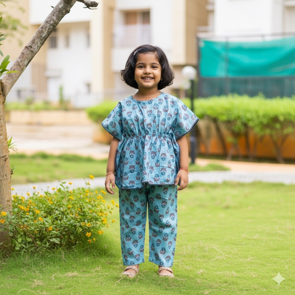 Aqua Floral Kaftan Sets with Pants