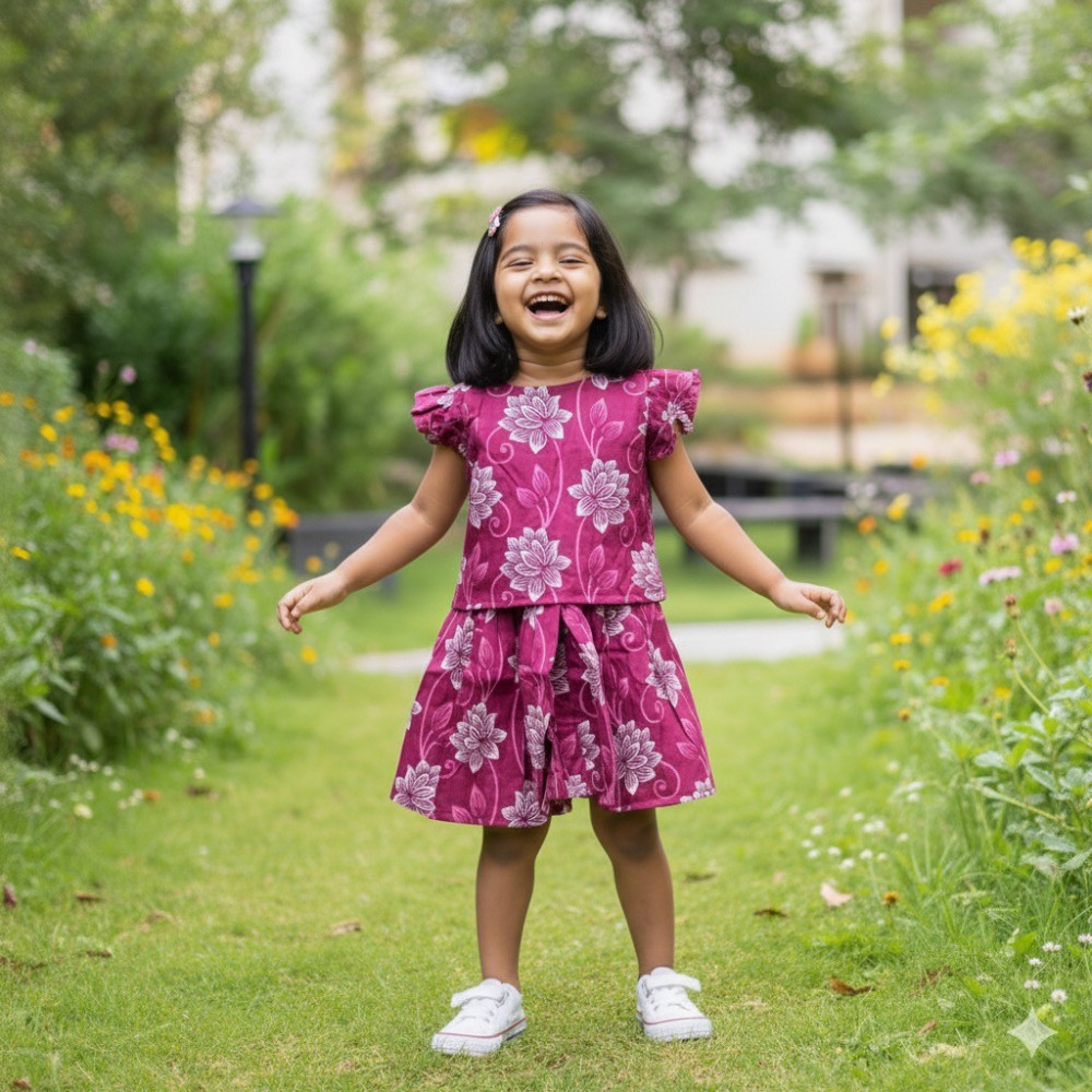 Image of Magenta Floral Print Co-ord Sets- Skirt and Top