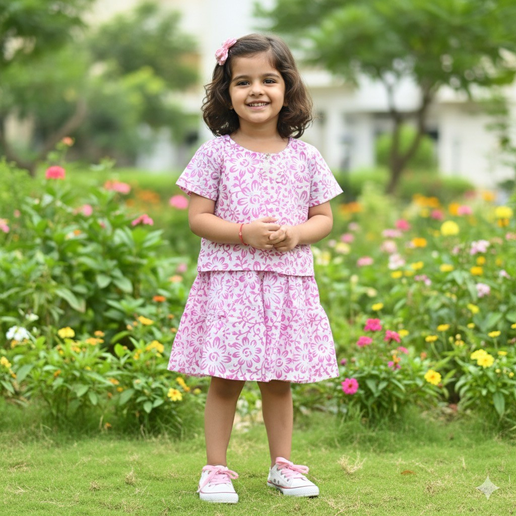 White and Pink Floral Print Co-ord Sets- Skirt and Top