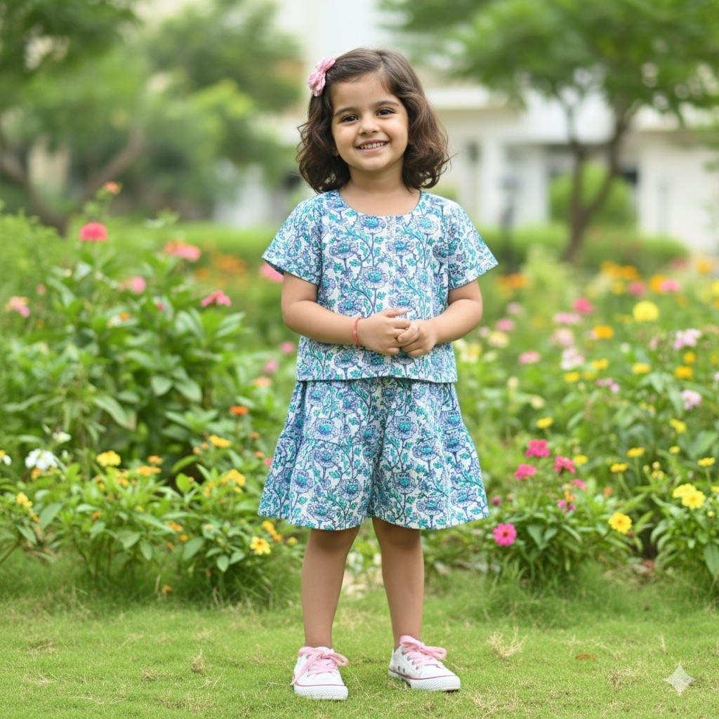 White nad Blue Floral Print Co-ord Sets- Skirt and Top