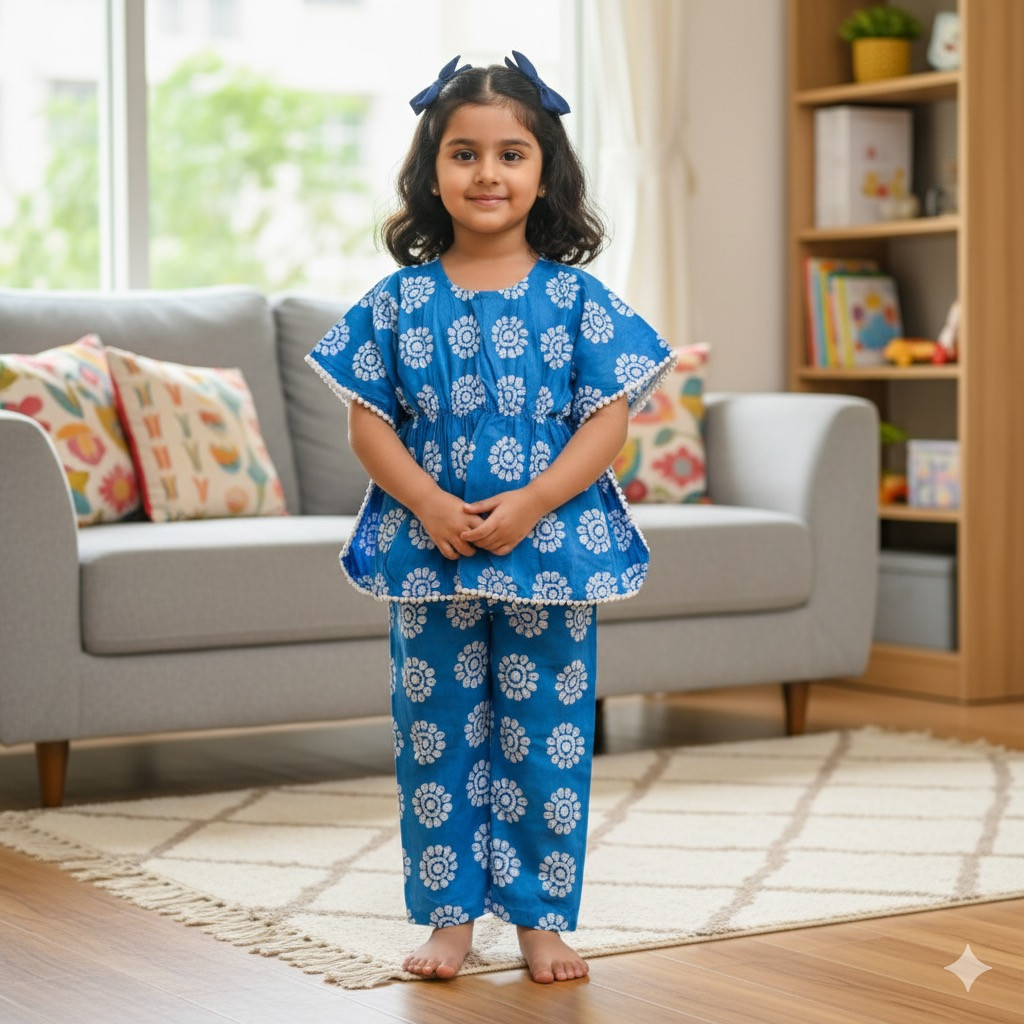Blue and White Floral Print Kaftan Sets with Pants