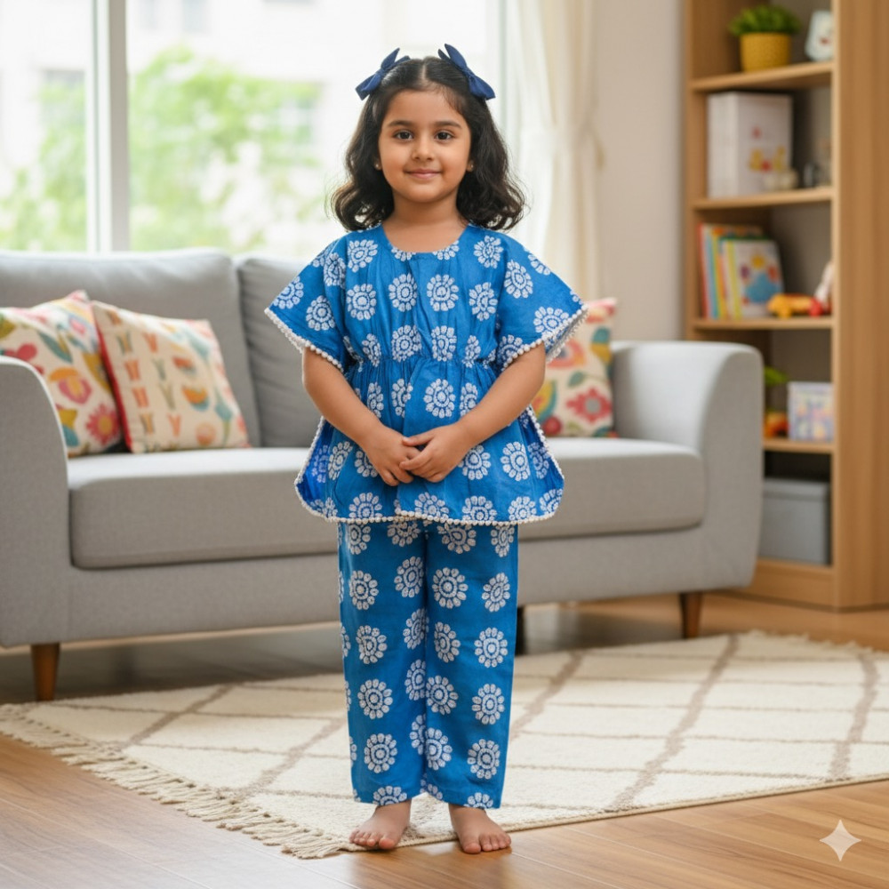 Image of Blue and White Floral Print Kaftan Sets with Pants