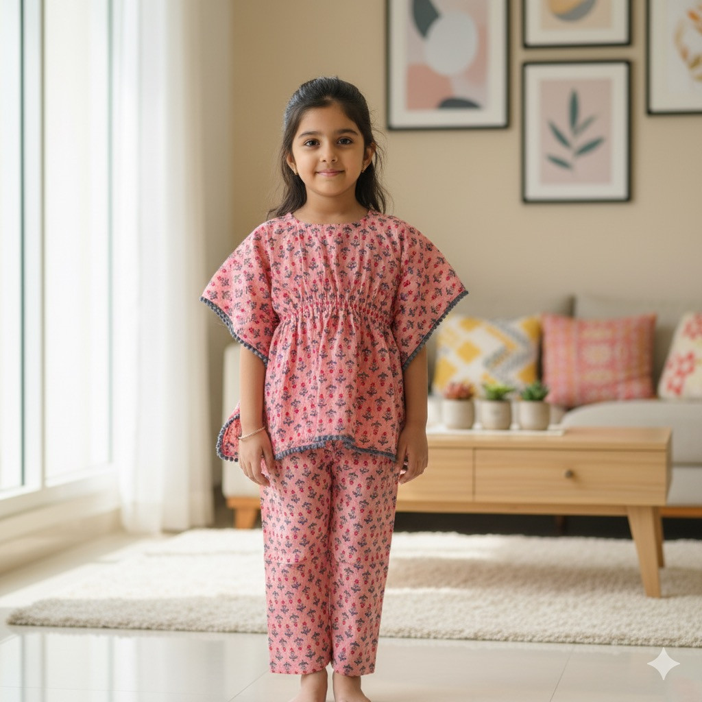 Peach Navy Kantha Print Kaftan Sets with Pants