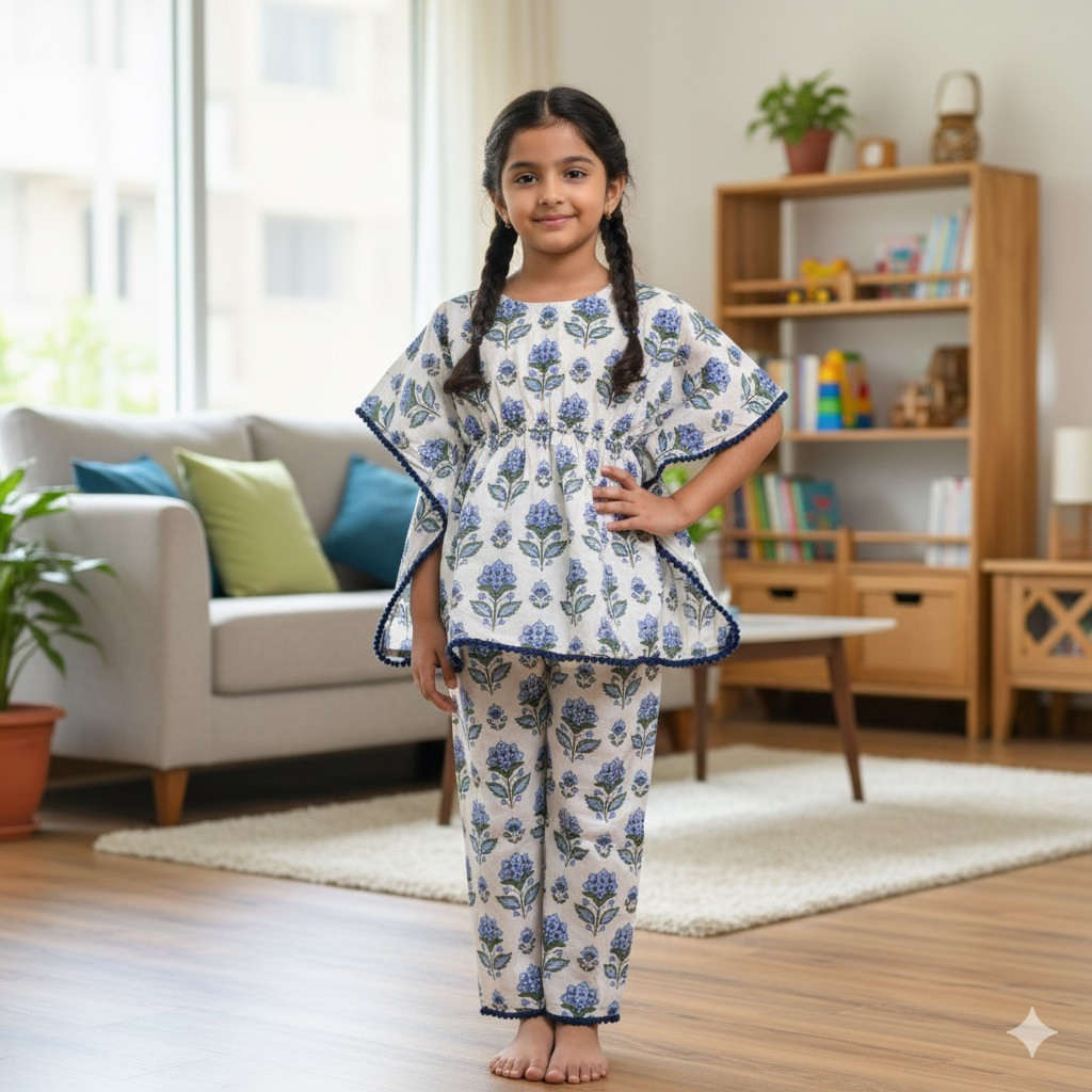 Cream and Blue Floral Kaftan Sets with Pants
