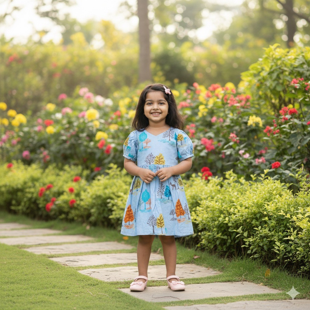 Blue Forest and Deer Print Frock
