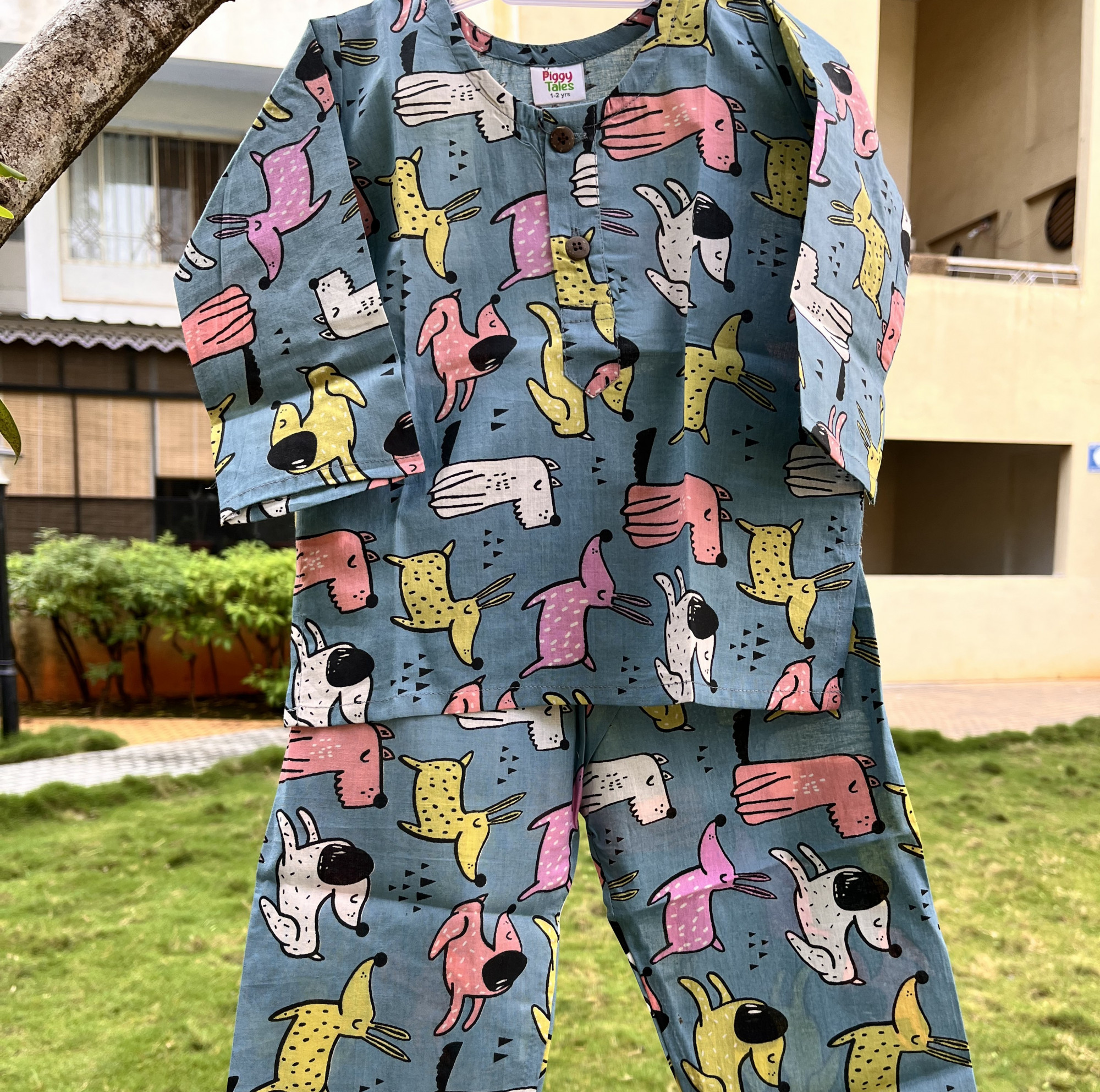 Blue Grey Dog Print Night Dress
