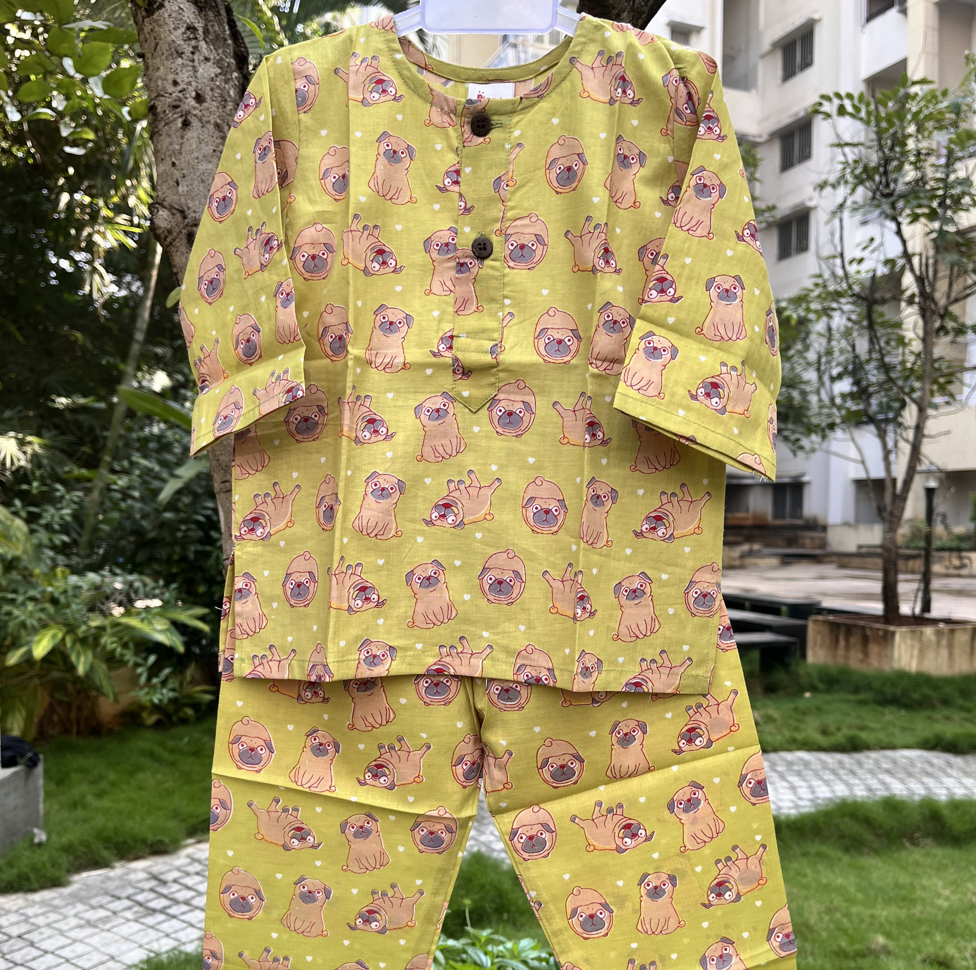 Olive Green Puppy  Print  Night Dress