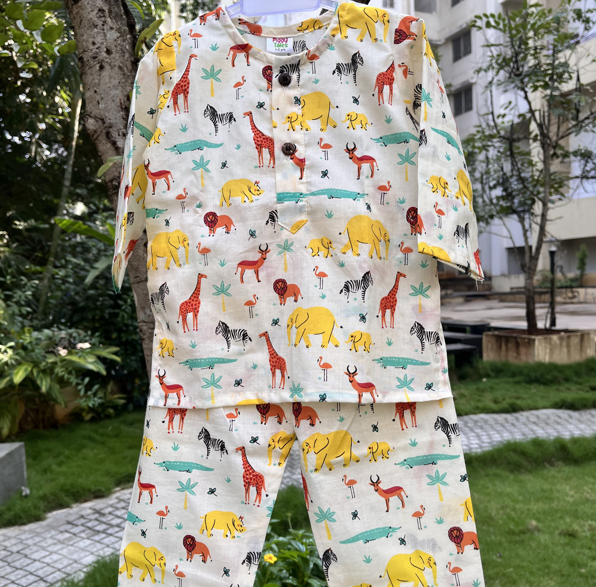 Cream and Colorful Safari Print Night Dress